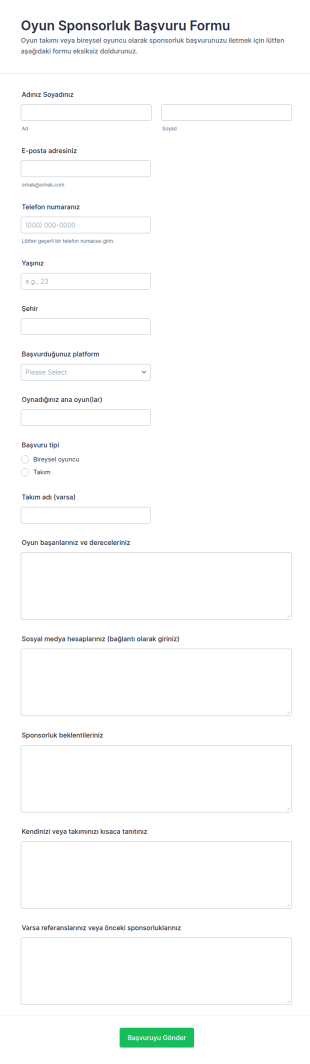 Oyun Sponsorluk Başvuru Form Şablonu