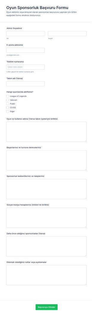 Oyun Sponsorluk Başvuru Formu 🎮✨ Form Şablonu