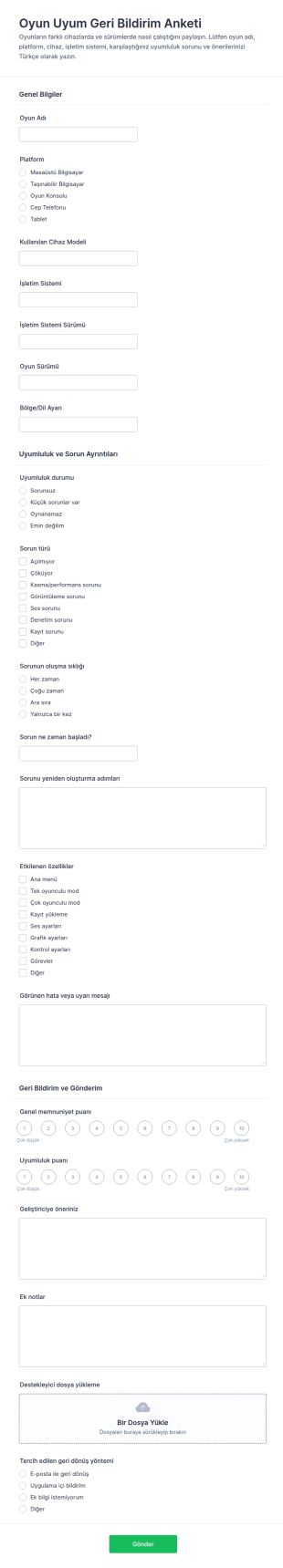 Oyun Uyumluluk Geri Bildirim Anketi Form Şablonu