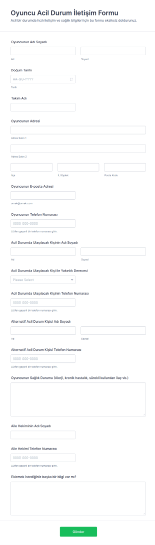 Oyuncu Acil Durum İletişim Form Şablonu