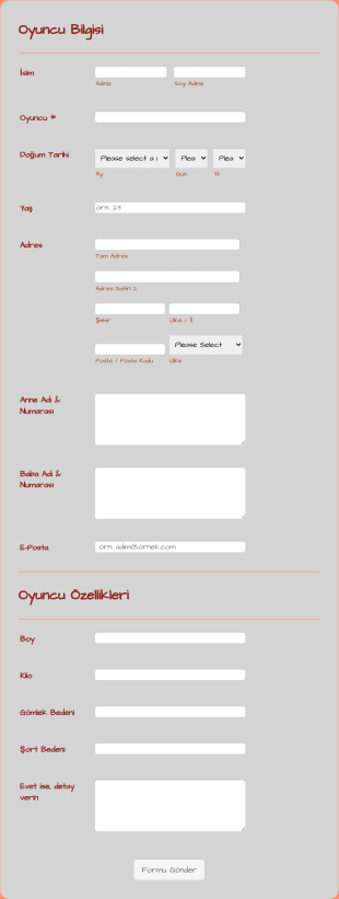 Oyuncu Bilgisi Form Template
