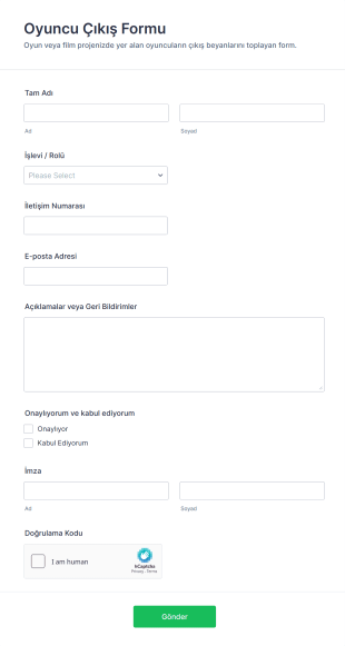 Oyuncu Çıkış Form Şablonu