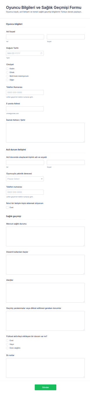 Oyuncu Detayları Ve Sağlık Geçmişi Anketi Form Şablonu