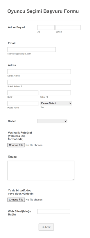 Oyuncu Seçimi Başvuru Form Template