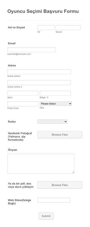 Oyuncu Seçimi Başvuru Form Şablonu