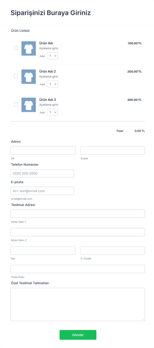 Özel Basit Sipariş Form Şablonu