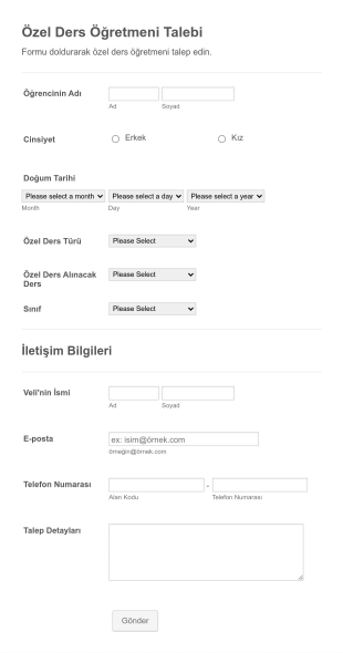 Özel Ders Öğretmeni Talep Form Şablonu