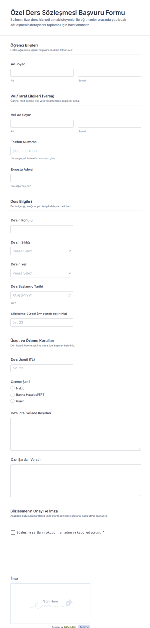 Özel Ders Sözleşmesi Başvuru Form Template