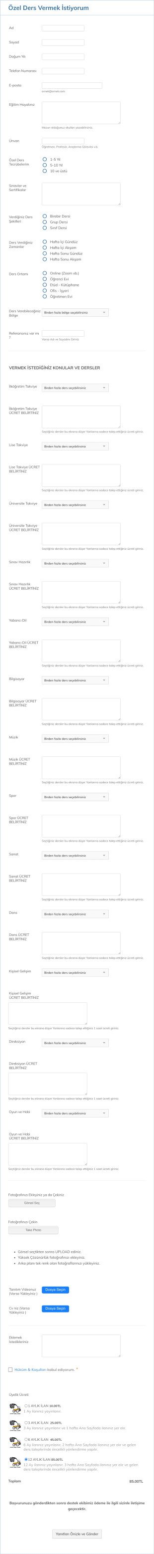 Özel Ders Vermek İstiyorum Eniyiozelders.com Form Şablonu