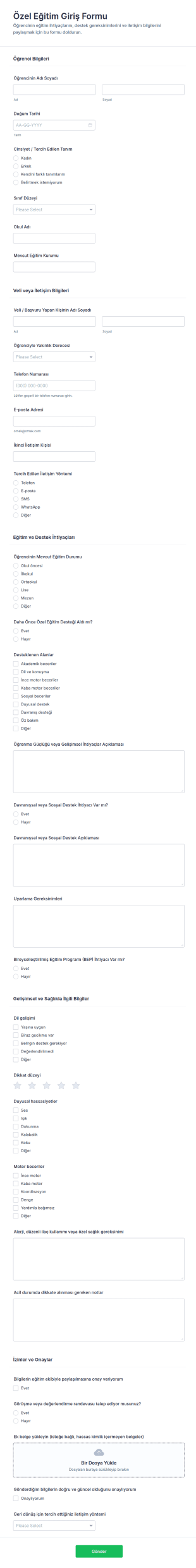 Özel Eğitim Başvuru Form Şablonu
