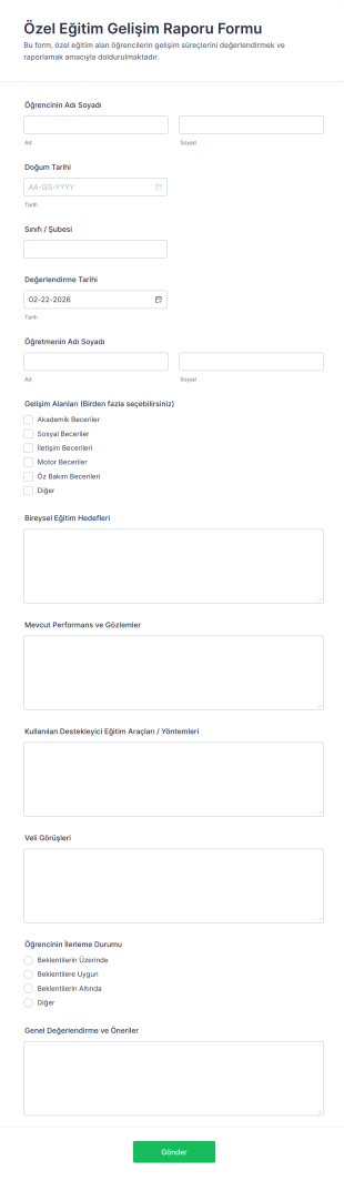 Özel Eğitim Gelişim Raporu Form Şablonu