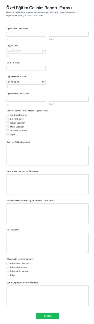Özel Eğitim Gelişim Raporu Form Şablonu