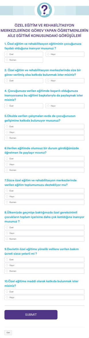 Özel Eğitim Öğretmenleri Anketi Form Şablonu
