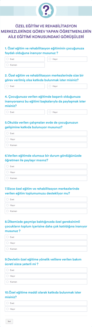 Özel Eğitim Öğretmenleri Anketi Form Şablonu