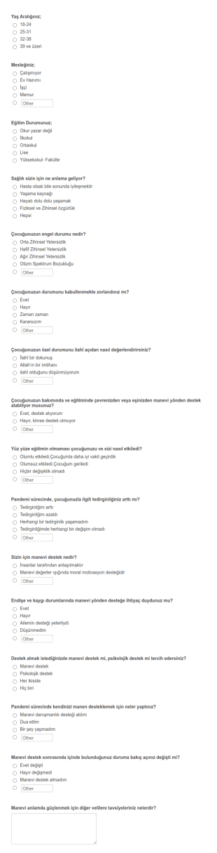 Özel Gereksinimli Çocuk Ebeveynleri Anketi Form Şablonu