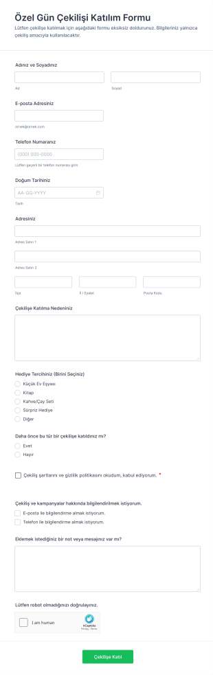 Özel Gün Çekilişi Katılım Form Şablonu