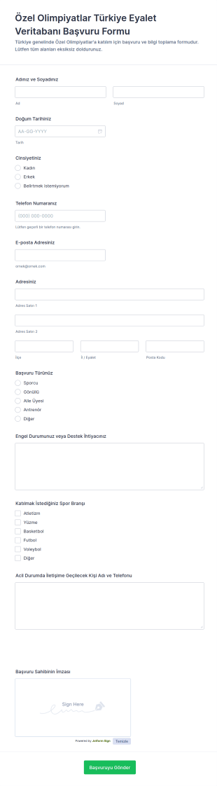 Özel Olimpiyatlar Türkiye Eyalet Veritabanı Başvuru Form Şablonu