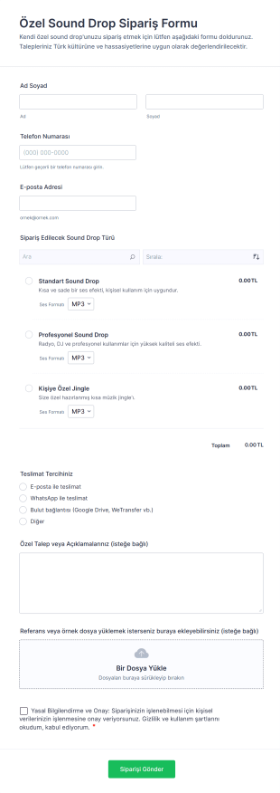 Özel Sound Drop Sipariş Form Şablonu