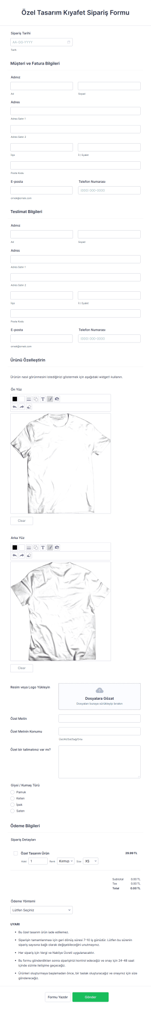 Özel Tasarım Kıyafet Sipariş Form Template