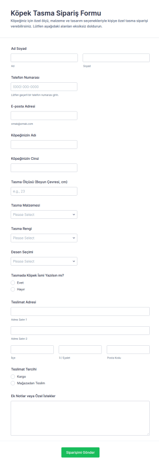 Özel Yaka Sipariş Form Şablonu