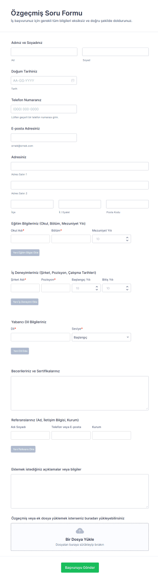 Özgeçmiş Soru Form Şablonu