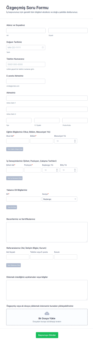Özgeçmiş Soru Form Şablonu