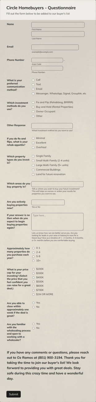 Oz's Homebuyers Questionnaire Form Template