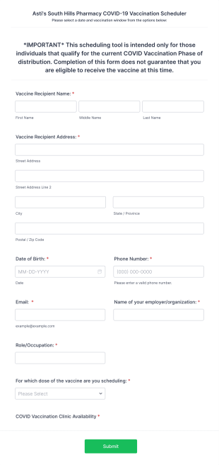 PA Pharmacy COVID Vaccine Scheduling Tool Form Template