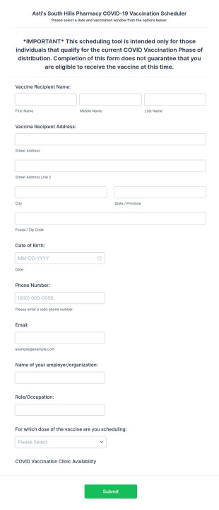PA Pharmacy COVID Vaccine Scheduling Tool Form Template