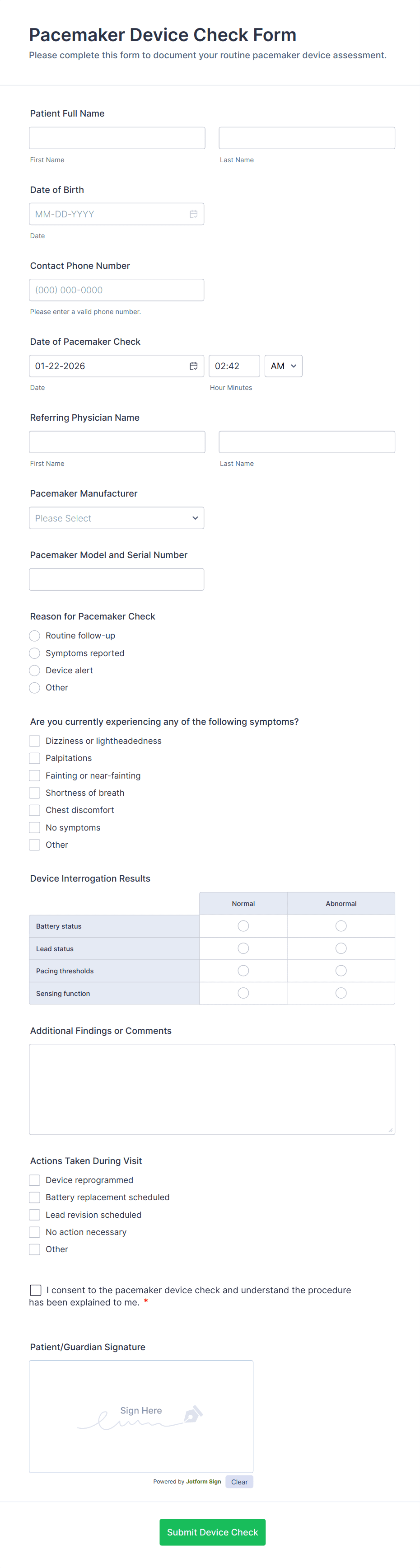 Pacemaker Device Check Form Template | Jotform