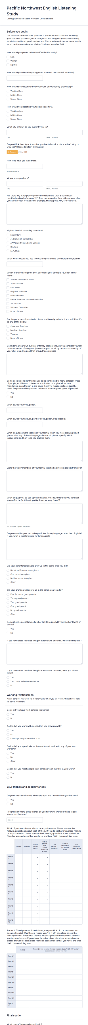 Demographic And Social Network Questionnaire Form Template