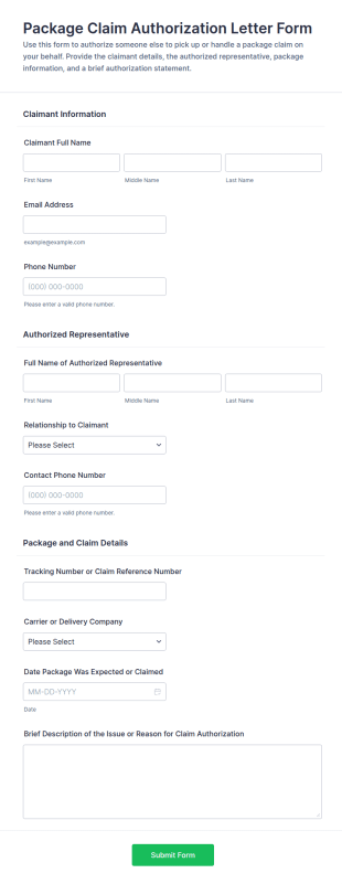 Package Claim Authorization Letter Form Template