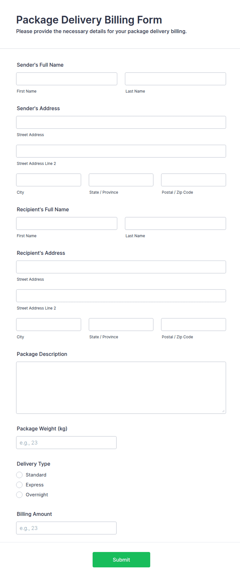 Package Delivery Billing Form Template | Jotform