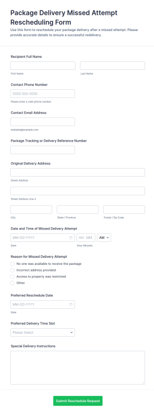 Package Delivery Missed Attempt Rescheduling Form Template