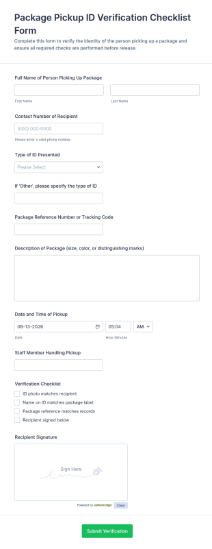 Package Pickup ID Verification Checklist Form Template