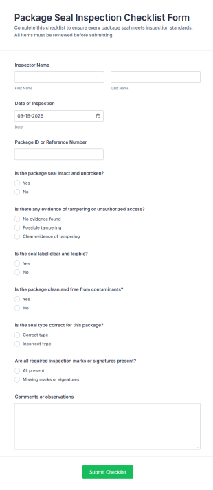 Package Seal Inspection Checklist Form Template