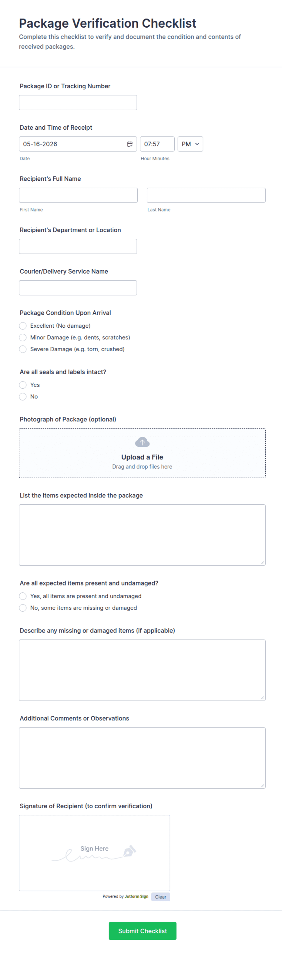 Package Verification Checklist Form Template | Jotform
