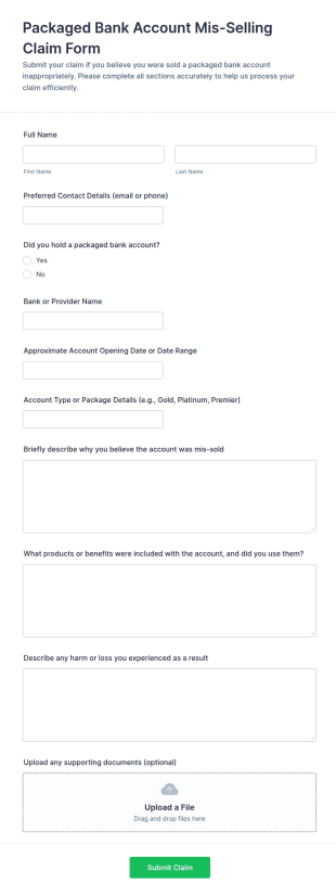 Packaged Bank Account Mis Selling Claim Form Template
