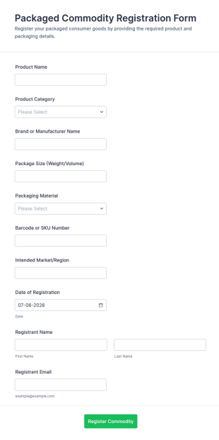 Packaged Commodity Registration Form Template