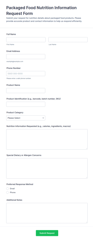 Packaged Food Nutrition Information Request Form Template