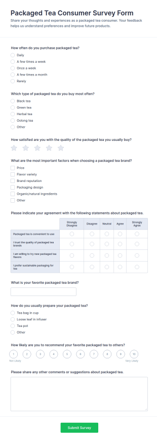 Packaged Tea Consumer Survey Form Template