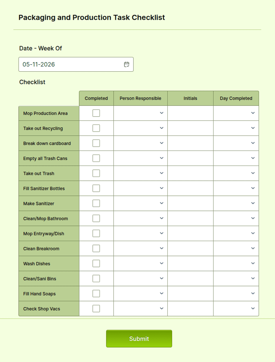 Packaging and Production Task Checklist Form Template | Jotform