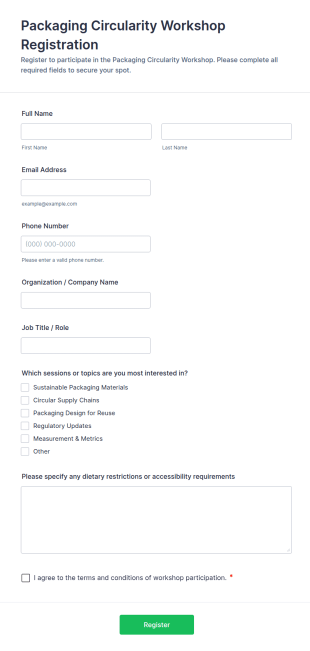 Packaging Circularity Workshop Registration Form Template