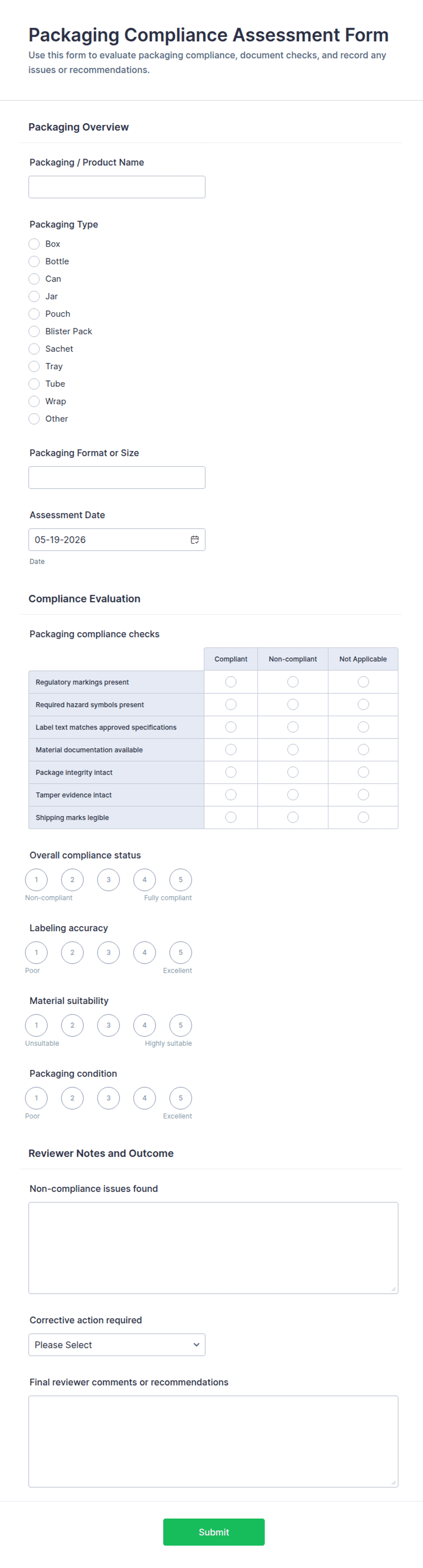 Packaging Compliance Assessment Form Template | Jotform