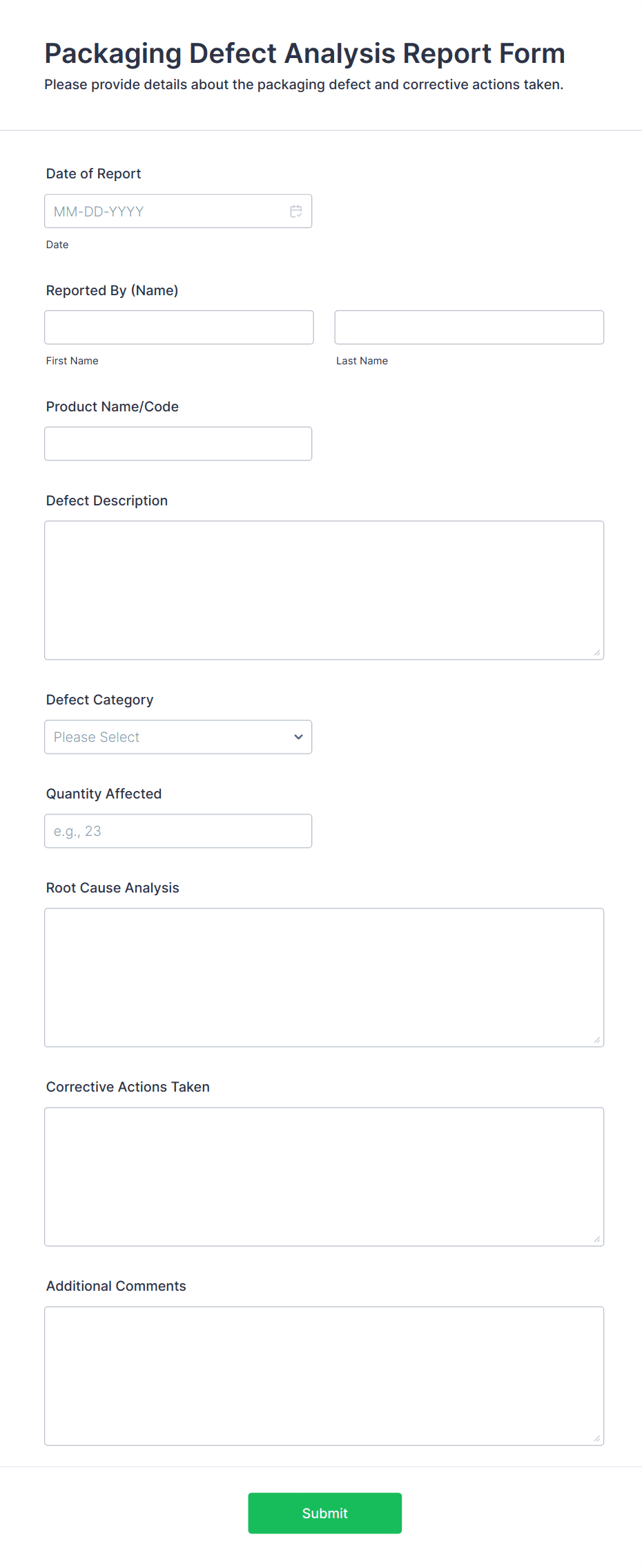 Packaging Defect Analysis Report Form Template | Jotform