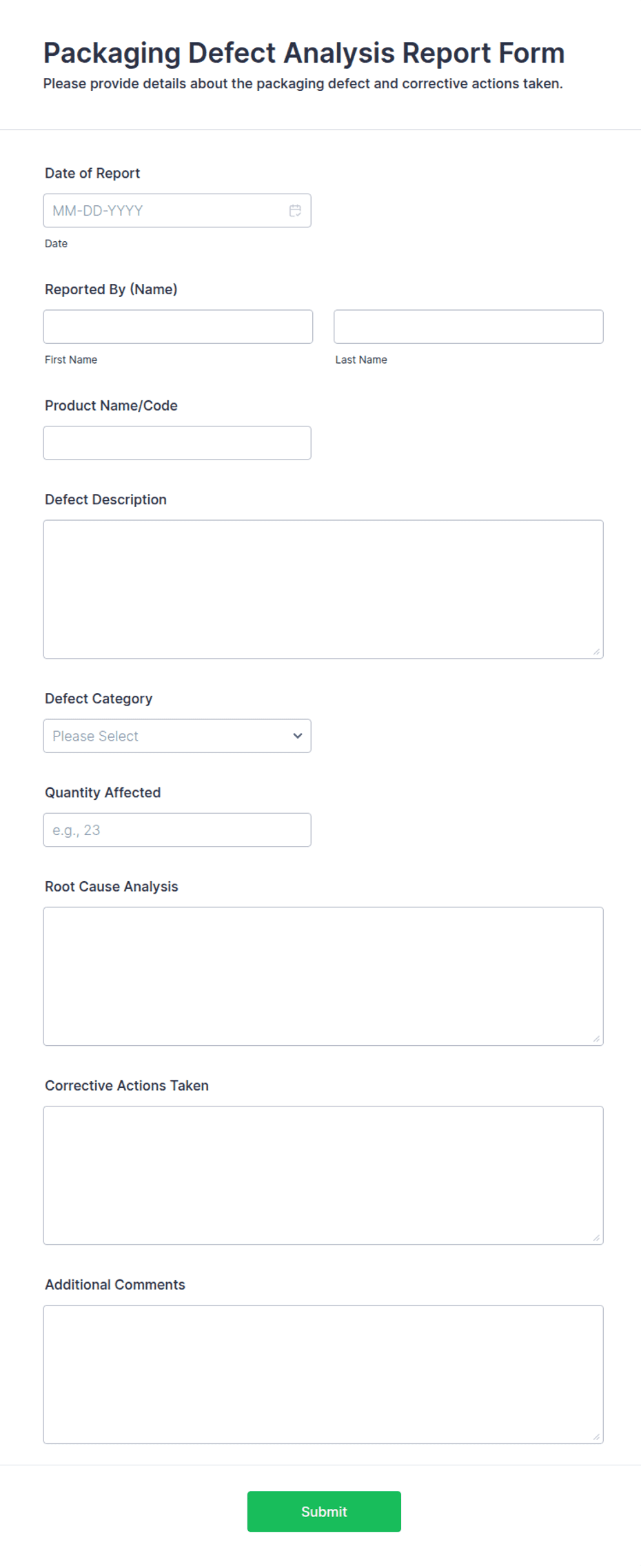Target Defect Free Packing Packaging Defect Analysis Report Form Template | Jotform