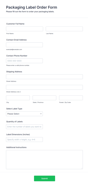 Packaging Label Order Form Form Template