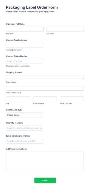 Packaging Label Order Form Template