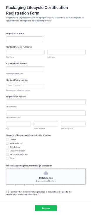 Packaging Lifecycle Certification Registration Form Template
