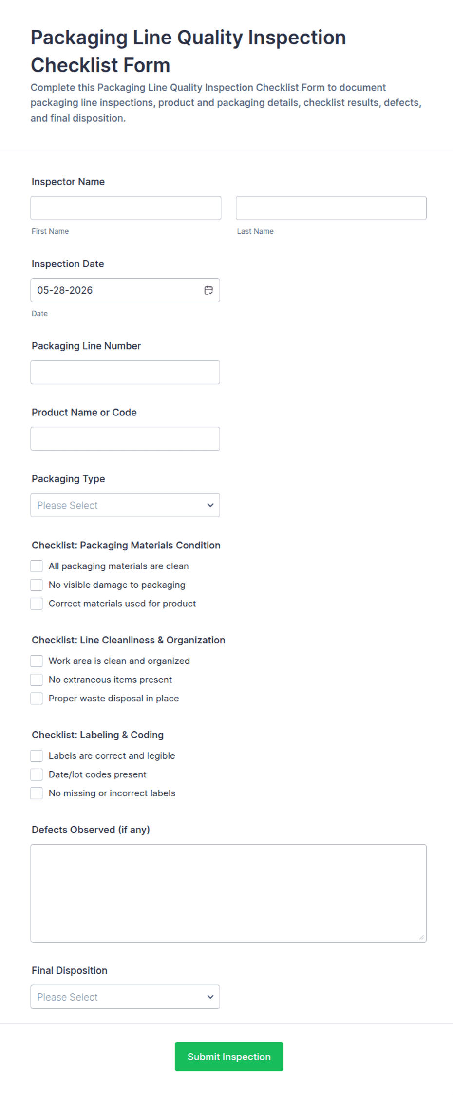Packaging Line Quality Inspection Checklist Form Template | Jotform